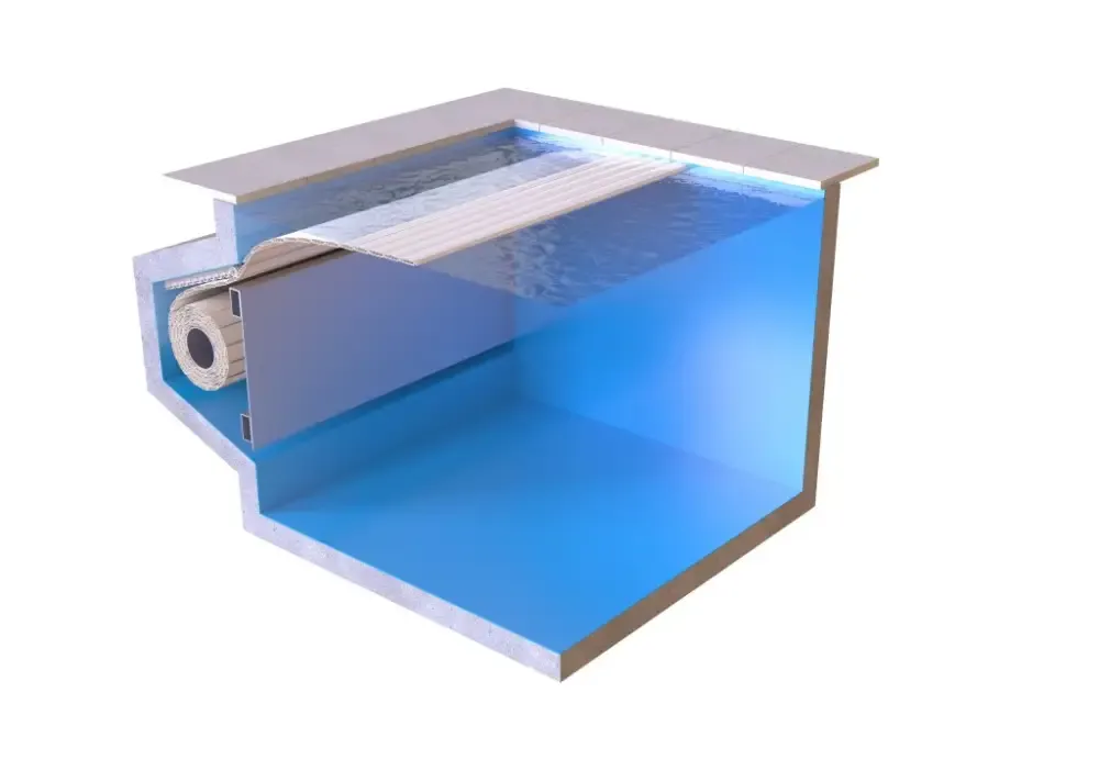 Blå pool med vit plattform, synligt värmesystem 60x14mm och extern motor